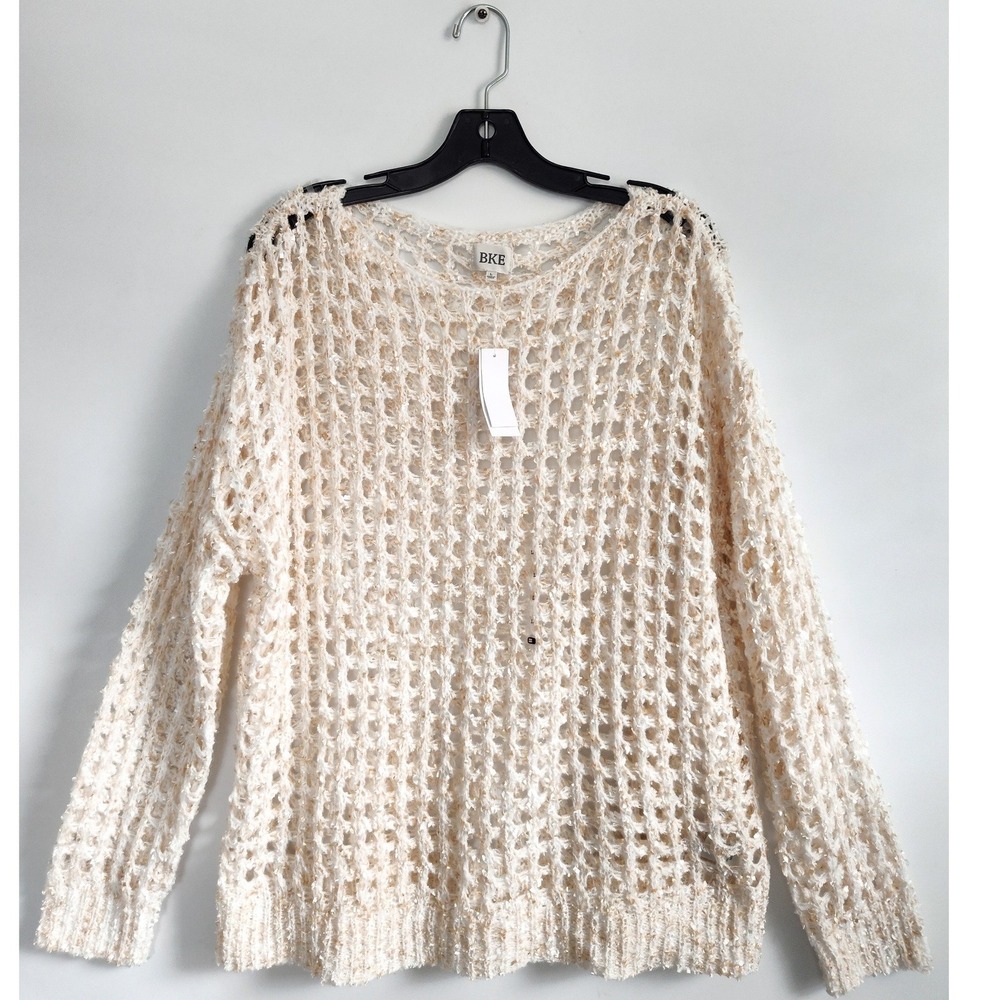 New Bke Sweater Large Crochet Eyelash Pointelle Open Knit Cream Relaxed Pullover - Picture 3 of 10